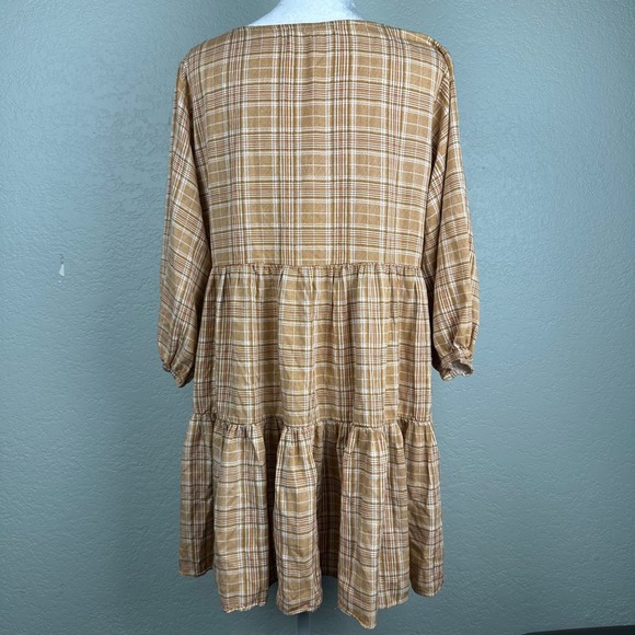 For Good Tiered Tunic Dress Women L Plaid Babydoll Button Front Cottagecore Boho - Picture 3 of 10